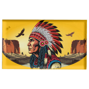 Native American Chief on wild Landscape Sunset Place Card Holder