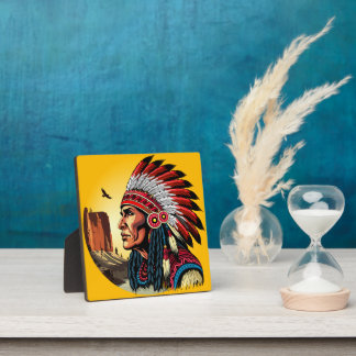 Native American Chief on wild Landscape Sunset Plaque