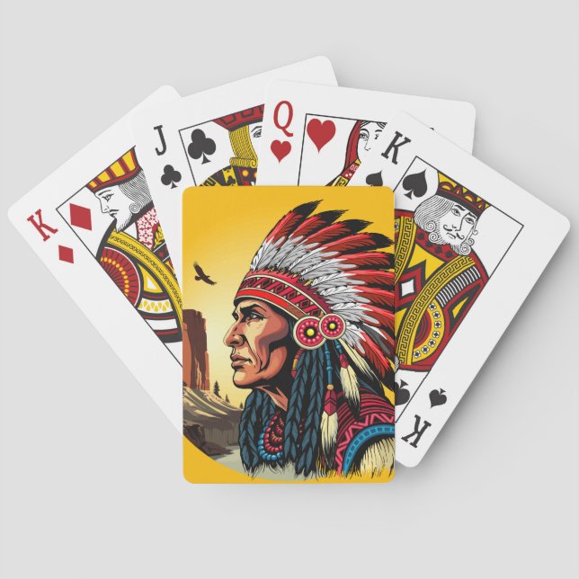 Native American Chief on wild Landscape Sunset Poker Cards (Back)