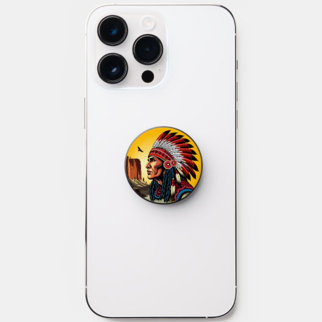Native American Chief on wild Landscape Sunset PopSocket (Front)