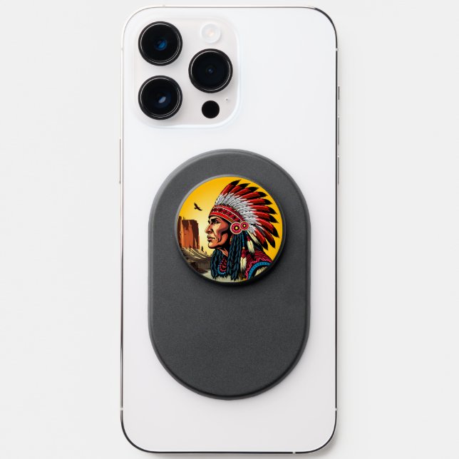 Native American Chief on wild Landscape Sunset PopSocket (Front)