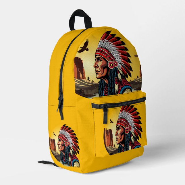 Native American Chief on wild Landscape Sunset Printed Backpack (Back Corner Left)