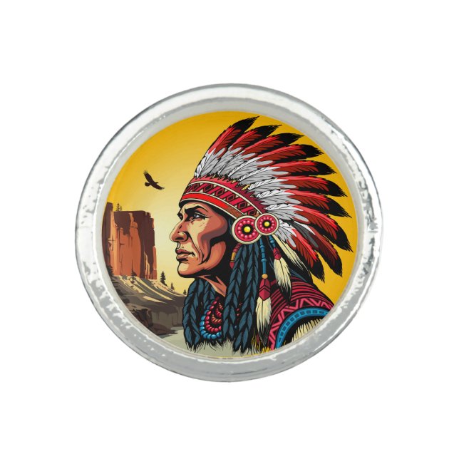 Native American Chief on wild Landscape Sunset Ring (Front)