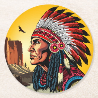 Native American Chief on wild Landscape Sunset Round Paper Coaster