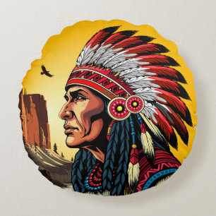 Native American Chief on wild Landscape Sunset Round Pillow