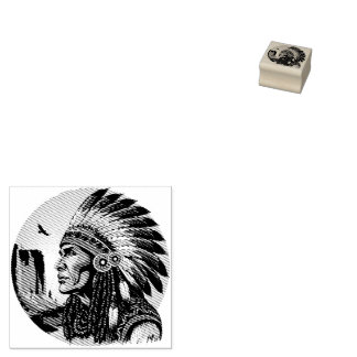 Native American Chief on wild Landscape Sunset Rubber Stamp