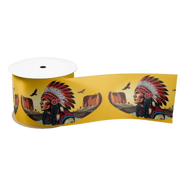Native American Chief on wild Landscape Sunset Satin Ribbon (Spool)
