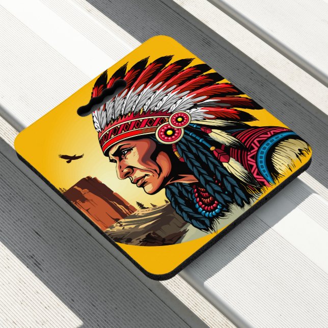 Native American Chief on wild Landscape Sunset Seat Cushion (In Situ)