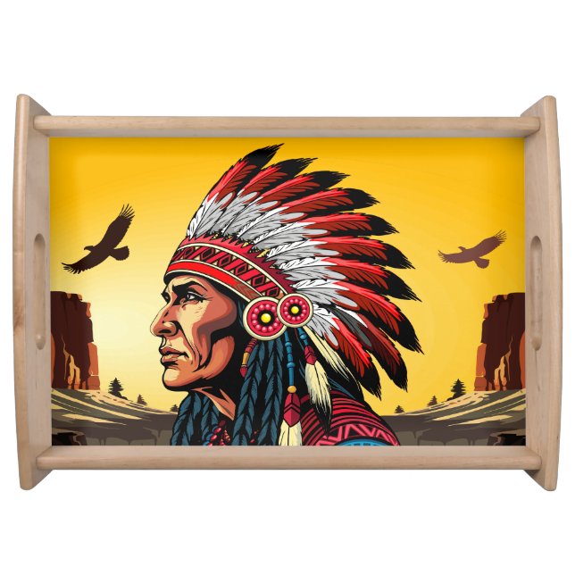 Native American Chief on wild Landscape Sunset Serving Tray (Front)