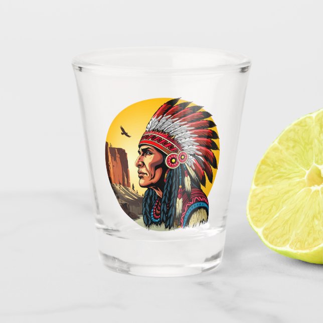 Native American Chief on wild Landscape Sunset Shot Glass (Front)