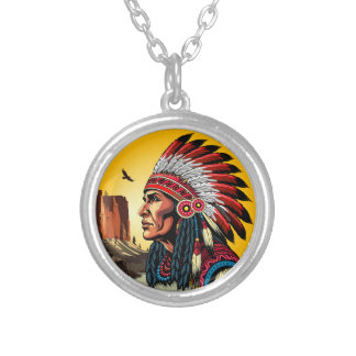 Native American Chief on wild Landscape Sunset Silver Plated Necklace