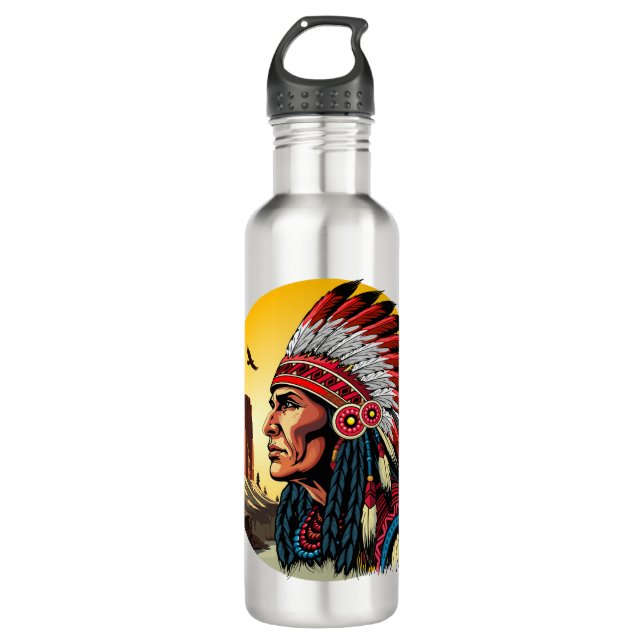 Native American Chief on wild Landscape Sunset Stainless Steel Water Bottle (Front)