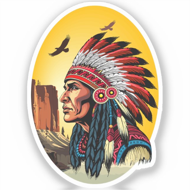 Native American Chief on wild Landscape Sunset Sticker (Front)