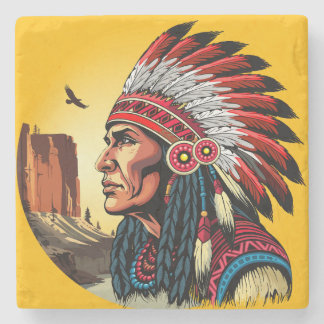 Native American Chief on wild Landscape Sunset Stone Coaster