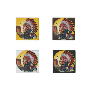 Native American Chief on wild Landscape Sunset Stone Magnet