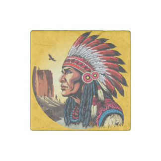 Native American Chief on wild Landscape Sunset Stone Magnet