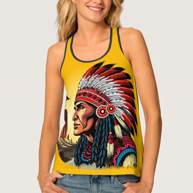 Native American Chief on wild Landscape Sunset Tank Top (Front)