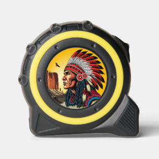 Native American Chief on wild Landscape Sunset Tape Measure