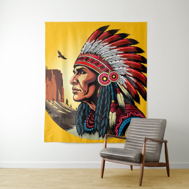 Native American Chief on wild Landscape Sunset Tapestry (In Situ)