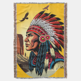 Native American Chief on wild Landscape Sunset Throw Blanket