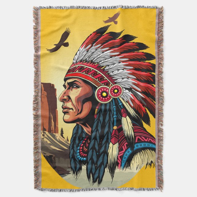 Native American Chief on wild Landscape Sunset Throw Blanket (Front Vertical)