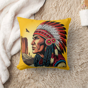Native American Chief on wild Landscape Sunset Throw Pillow