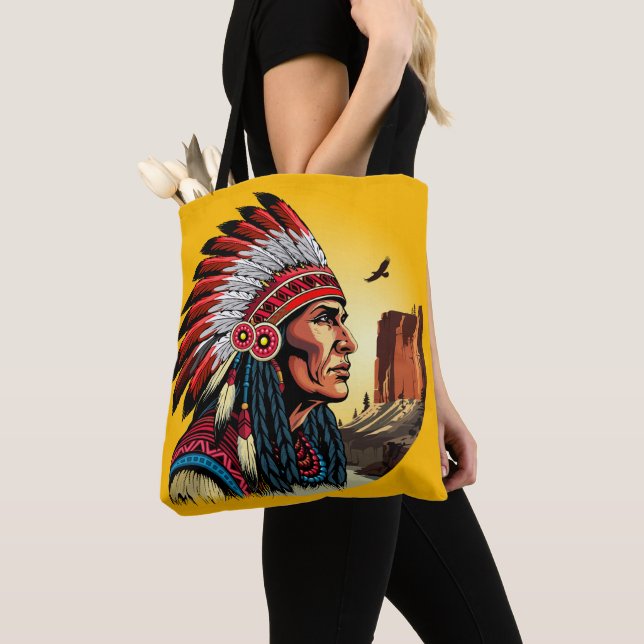 Native American Chief on wild Landscape Sunset Tote Bag (Close Up)