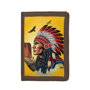 Native American Chief on wild Landscape Sunset Trifold Wallet