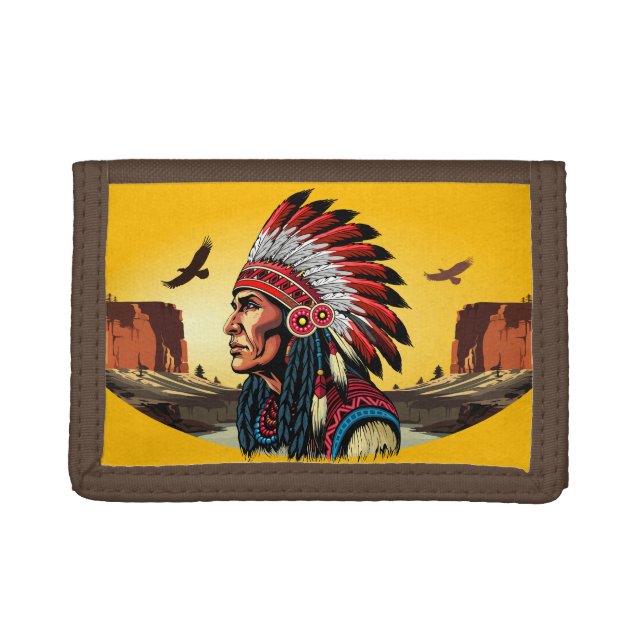 Native American Chief on wild Landscape Sunset Trifold Wallet (Front)