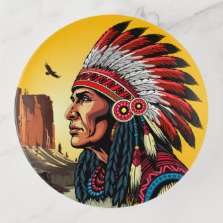 Native American Chief on wild Landscape Sunset Trinket Tray