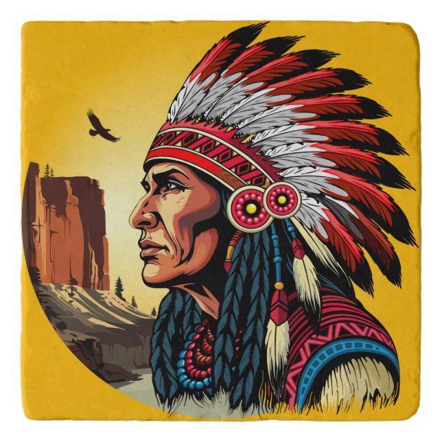 Native American Chief on wild Landscape Sunset Trivet (Front)