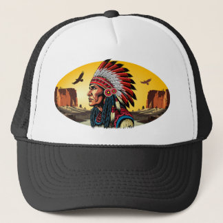 Native American Chief on wild Landscape Sunset Trucker Hat