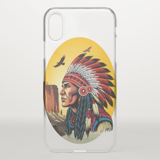 Native American Chief on wild Landscape Sunset Uncommon iPhone Case (Back)
