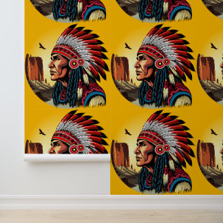 Native American Chief on wild Landscape Sunset Wallpaper