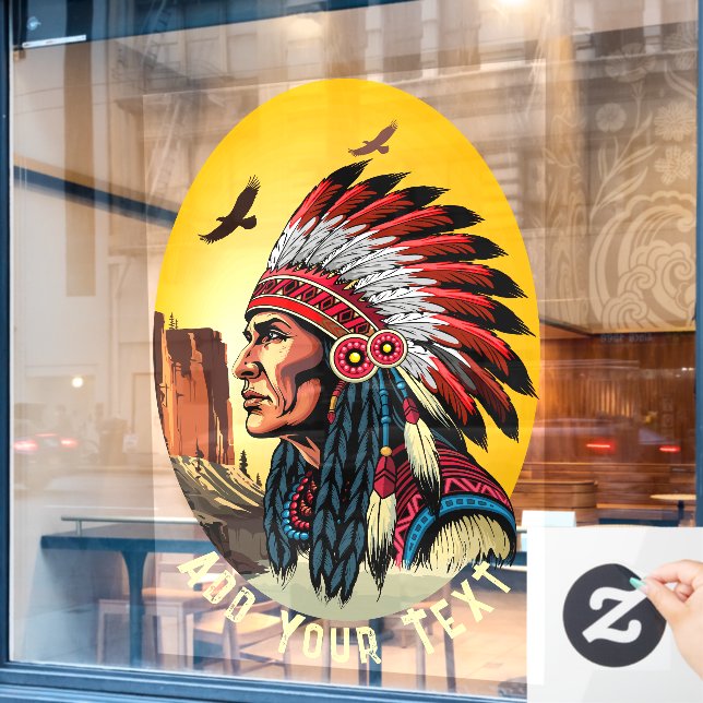 Native American Chief on wild Landscape Sunset Window Cling (Cafe Window)
