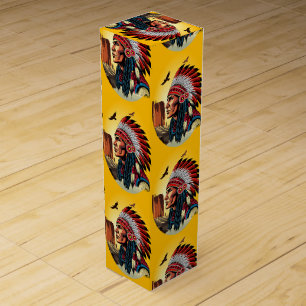 Native American Chief on wild Landscape Sunset Wine Box