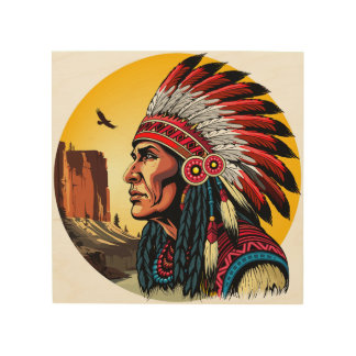 Native American Chief on wild Landscape Sunset Wood Wall Art