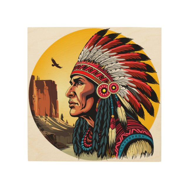 Native American Chief on wild Landscape Sunset Wood Wall Art (Front)