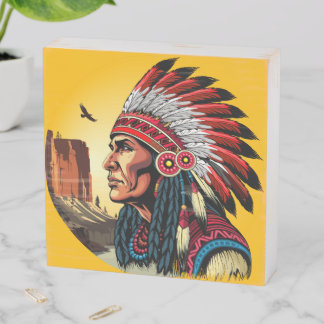 Native American Chief on wild Landscape Sunset Wooden Box Sign
