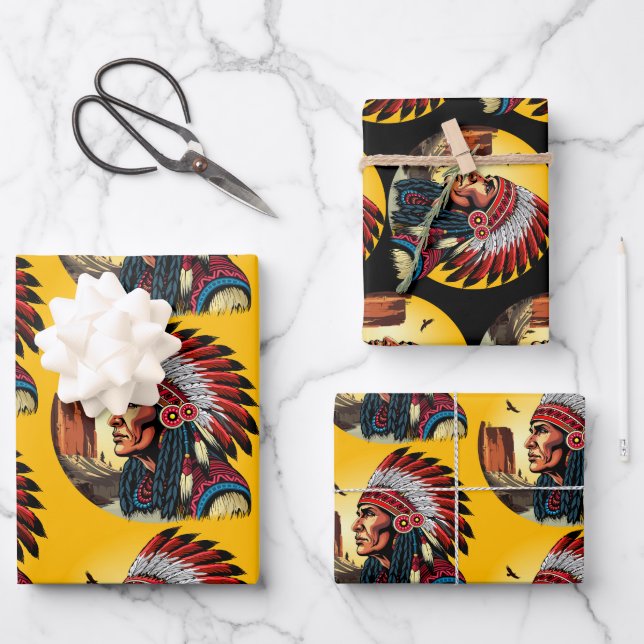 Native American Chief on wild Landscape Sunset Wrapping Paper Sheets (Front)