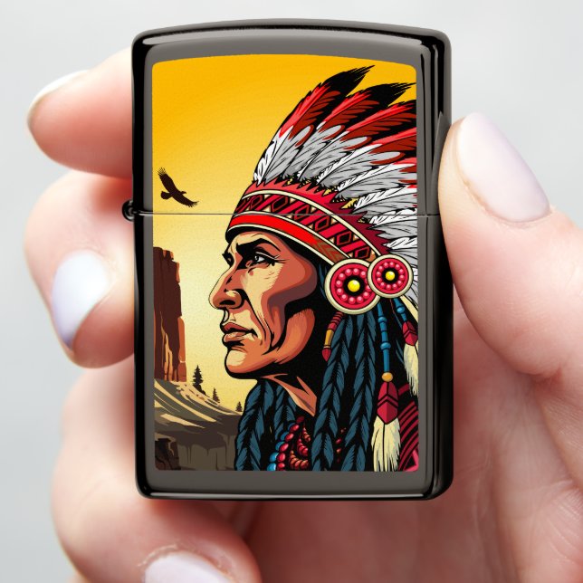 Native American Chief on wild Landscape Sunset Zippo Lighter (In Hand)