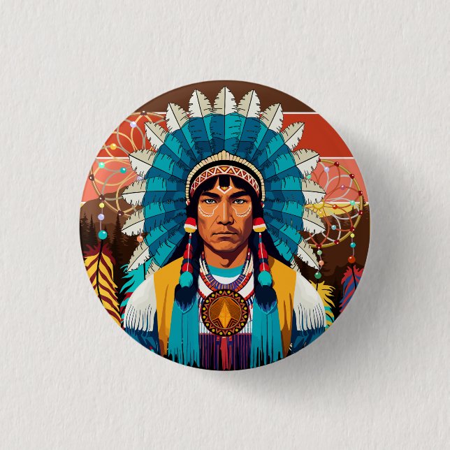 Native American Chief Powerful Portrait Button (Front)