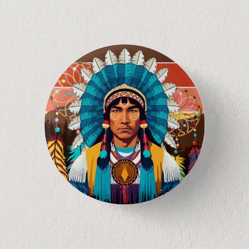 Native American Chief Powerful Portrait Button