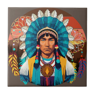 Native American Chief Powerful Portrait Ceramic Tile