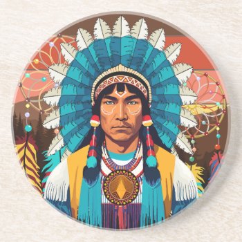 Native American Chief Powerful Portrait Coaster by Bluedarkat at Zazzle