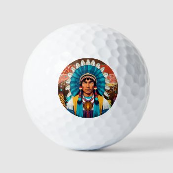 Native American Chief Powerful Portrait Golf Balls by Bluedarkat at Zazzle