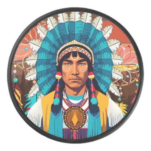 Native American Chief Powerful Portrait Hockey Puck