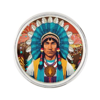 Native American Chief Powerful Portrait Lapel Pin by Bluedarkat at Zazzle