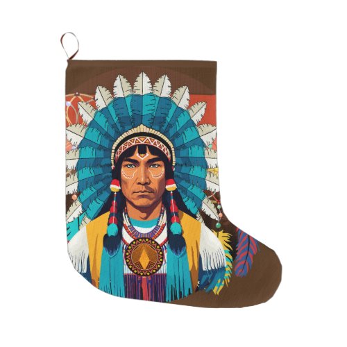 Native American Chief Powerful Portrait Large Christmas Stocking