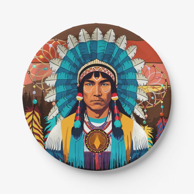 Native American Chief Powerful Portrait Paper Plates (Front)